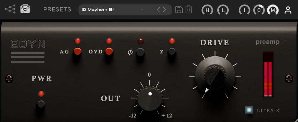 EDYN Pre plugin interface — dark faceplate with Drive knob, preamp meter, Overdrive, Phase and Z-Impedance controls