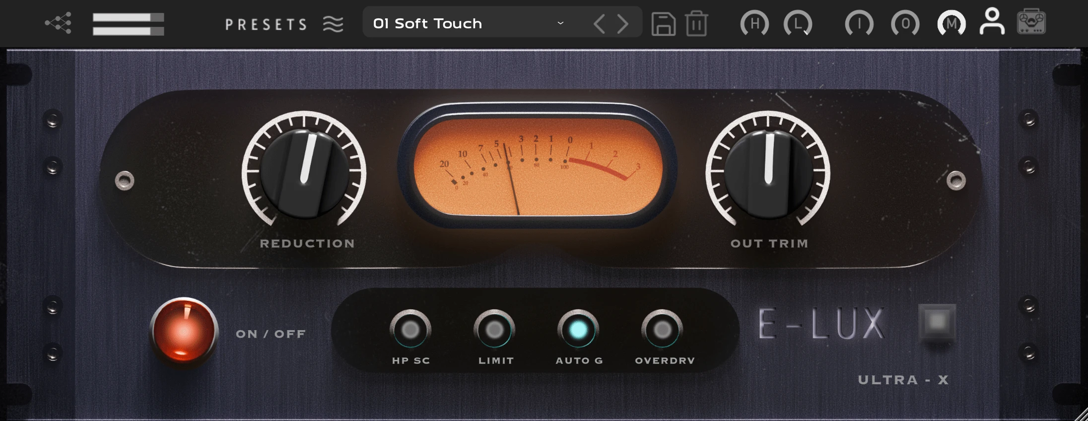 E-LUX plugin interface — navy faceplate with orange VU meter, Reduction and Out Trim knobs