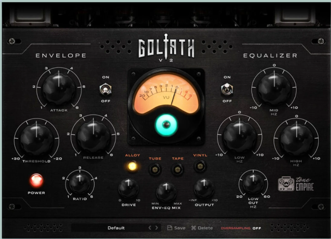 Goliath V2 interface — dark faceplate with teal VU meter, envelope and EQ sections