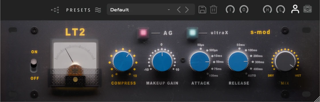 LT2 COMP plugin interface — navy faceplate with blue knobs and VU metering