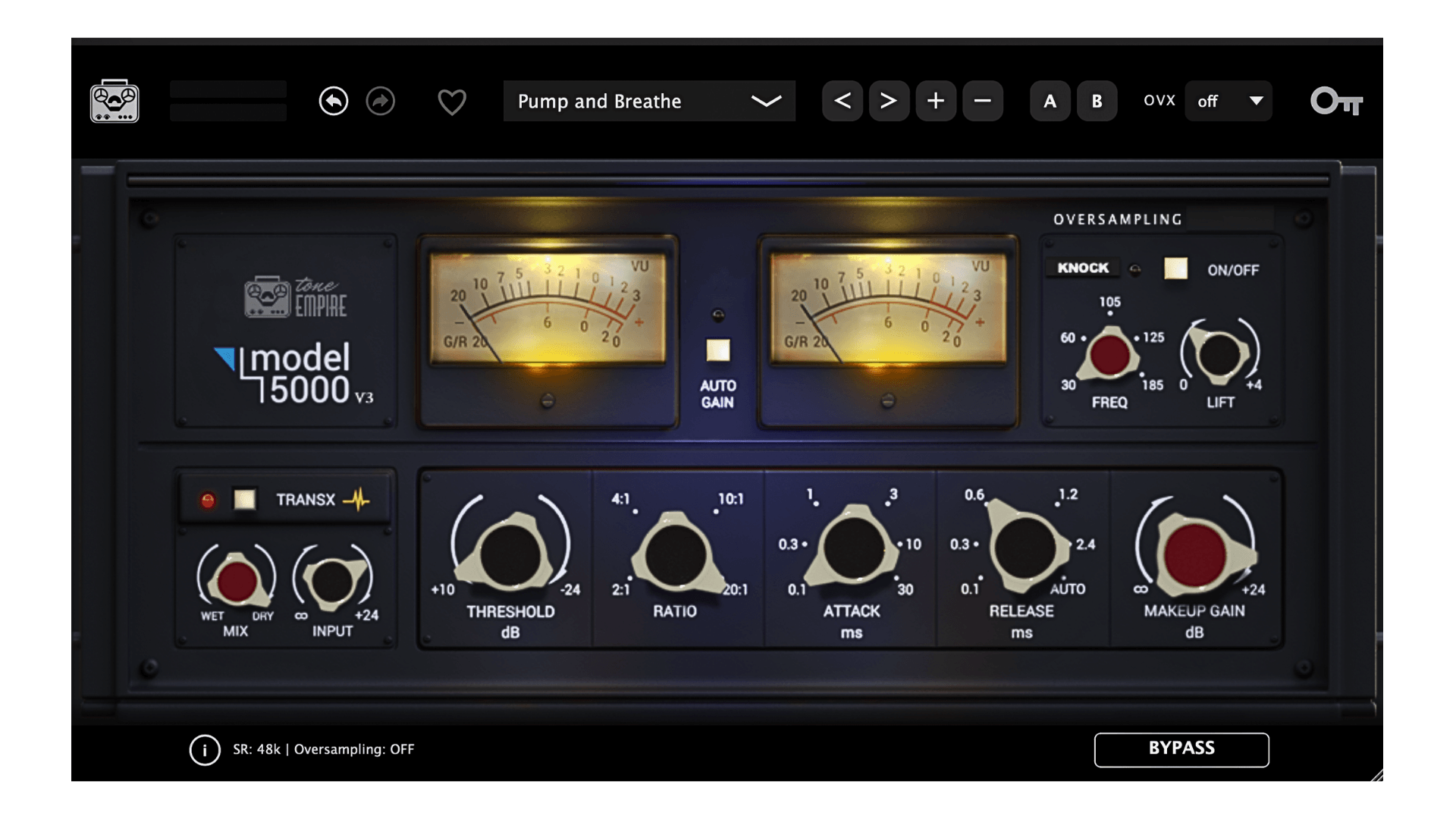Model 5000 interface — dark faceplate with two large VU meters and purple glow