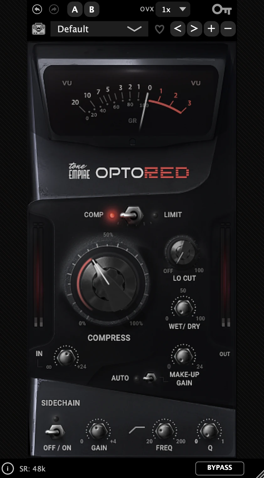 OptoRED plugin window — VU meter, Compress knob, Lo Cut, Wet/Dry and sidechain section