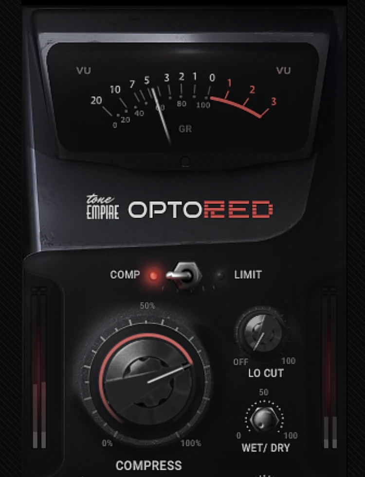 OptoRED optical attenuator — VU meter, Comp/Limit switch and Compress knob