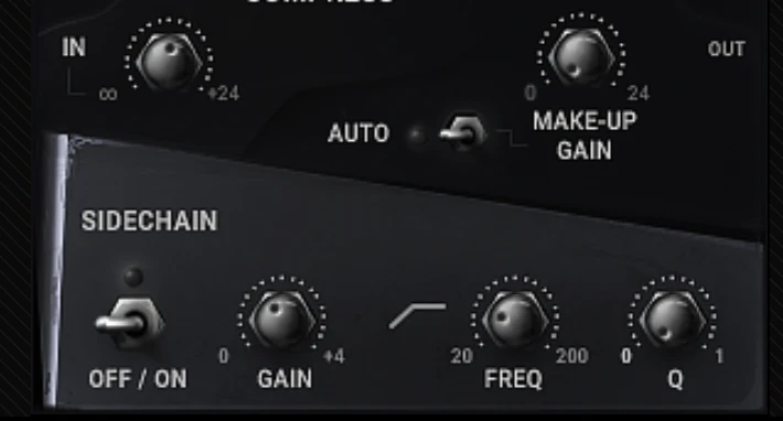 OptoRED sidechain section — Off/On, Gain, Freq and Q with auto make-up gain