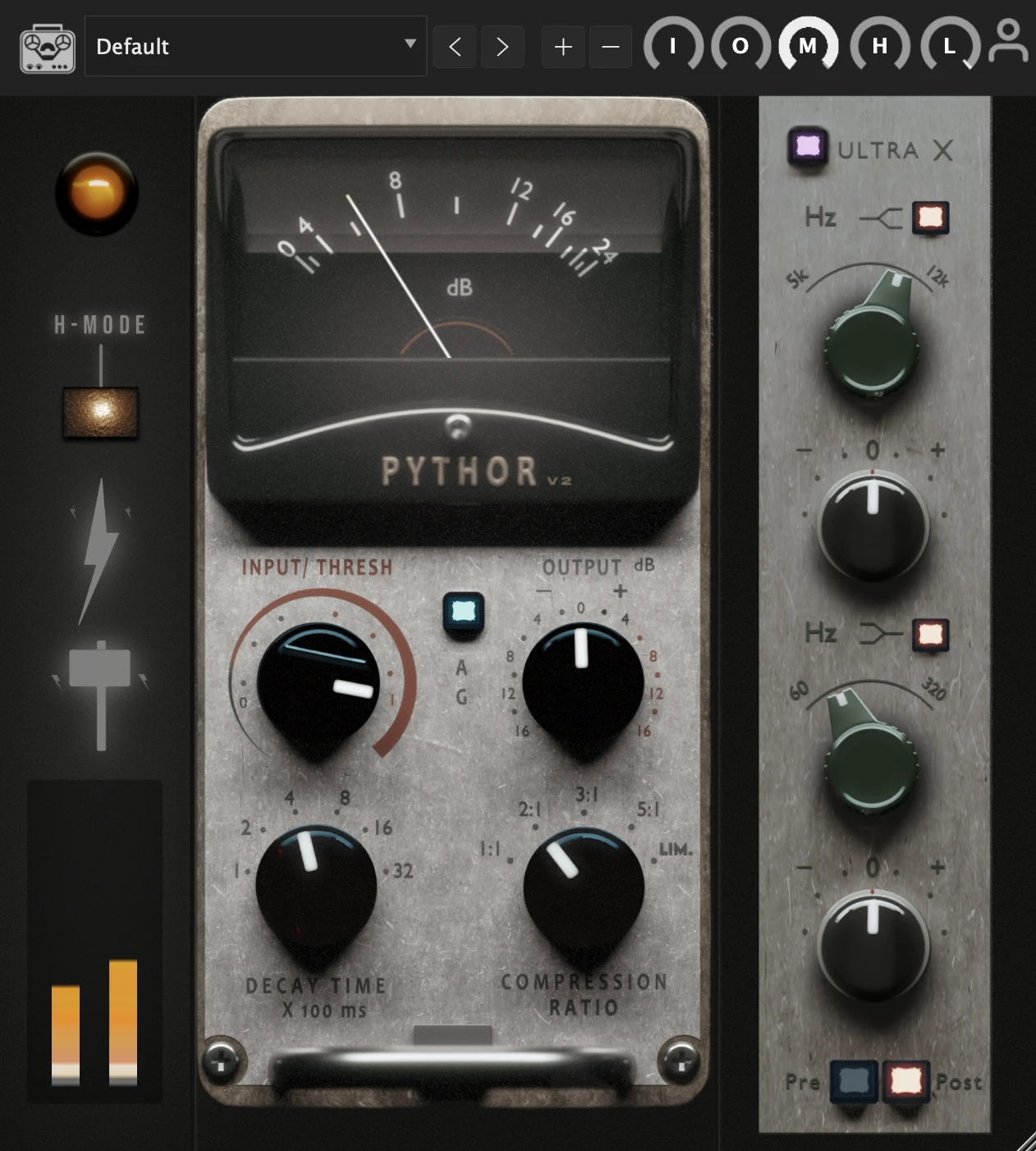 Pythor plugin interface — cream VU meter with green and black knobs