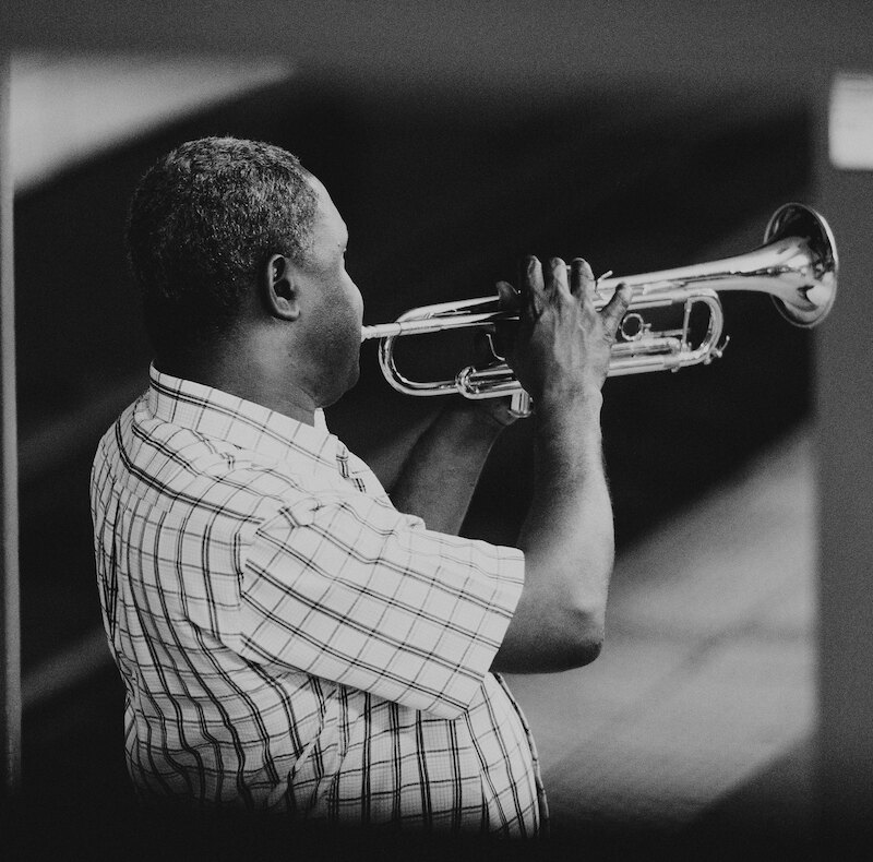 Trumpet player, black and white