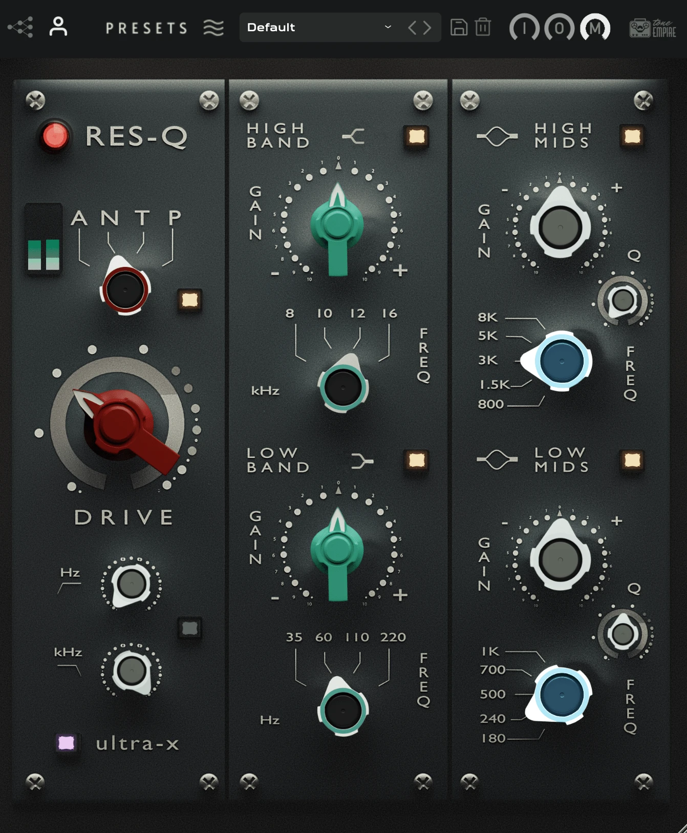 RES-Q plugin interface — dark 500-series style EQ with colorful knobs and red Drive control
