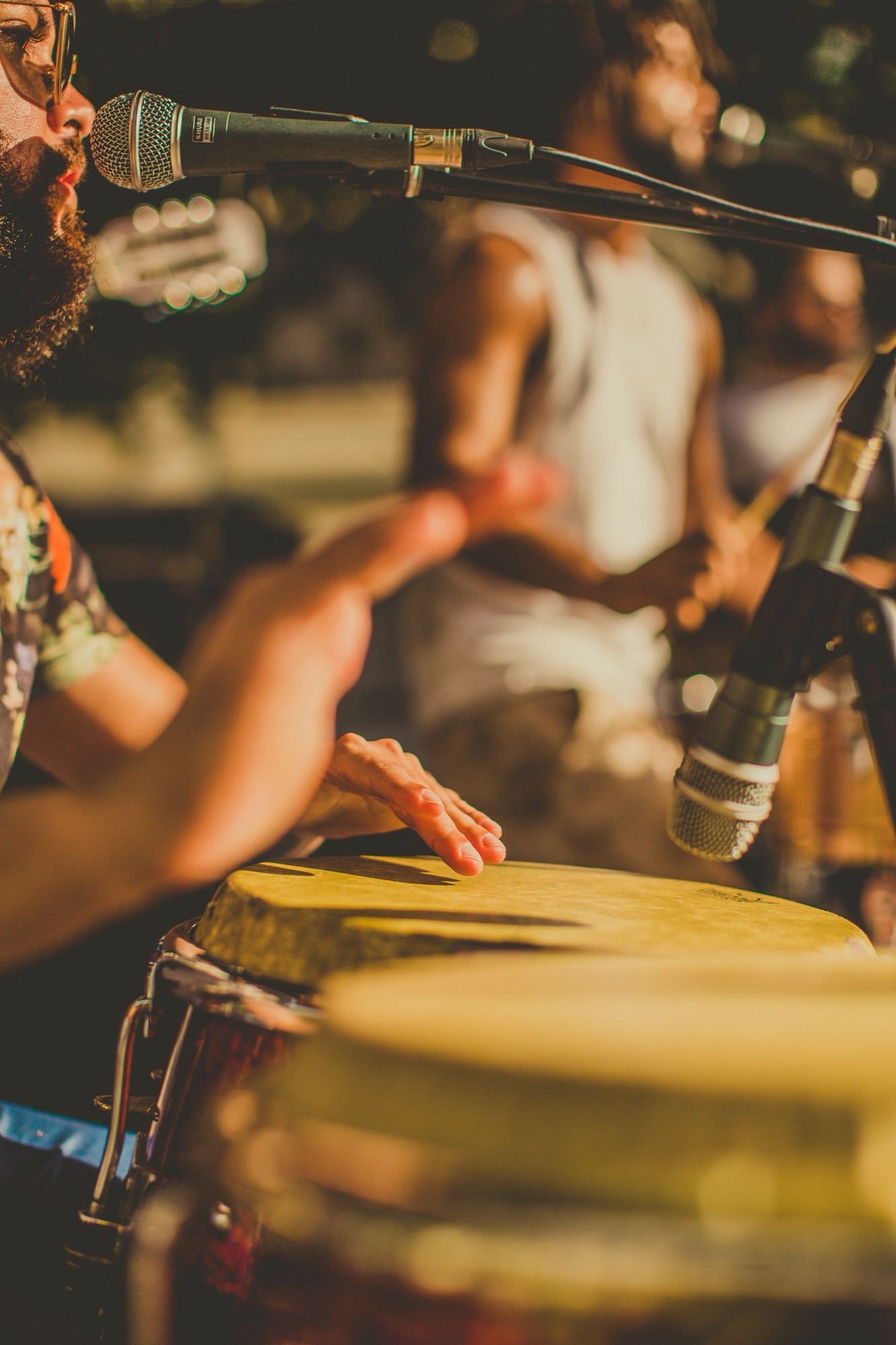 Hands playing congas in golden sunlight