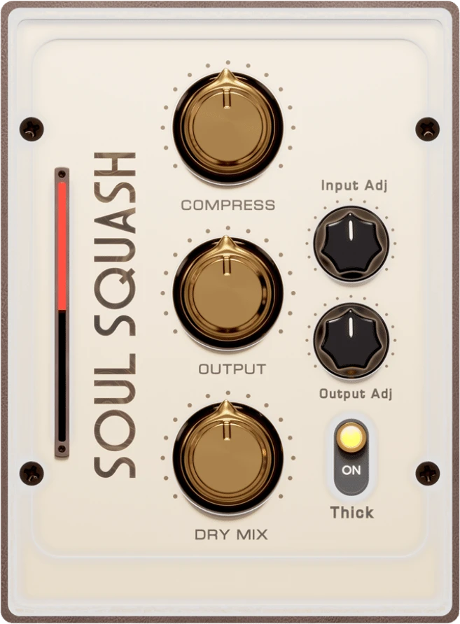 Soul Squash interface — cream pedal-style panel with Compress, Output and Dry Mix knobs