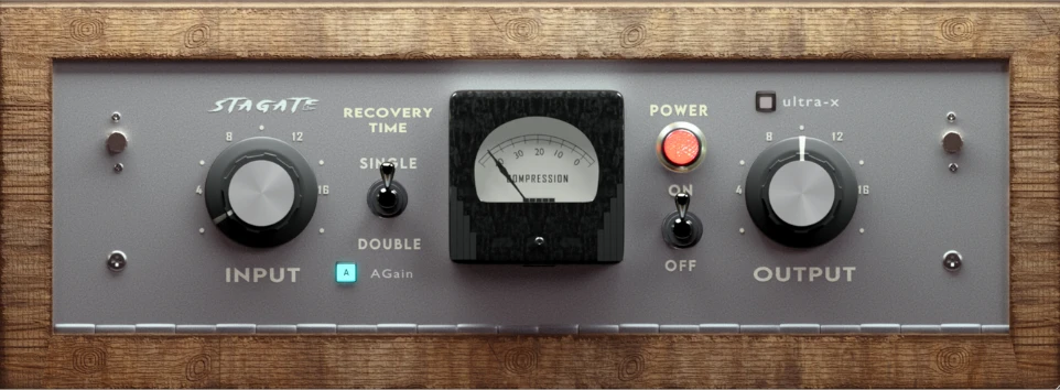 StaGate plugin interface — wood-panelled vintage faceplate with VU meter