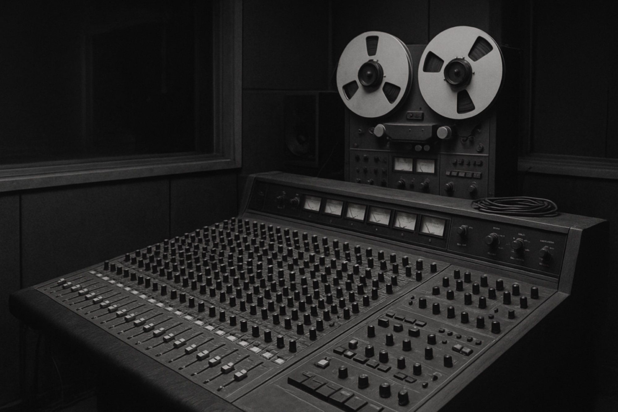 Tape machine and mixing console in a dark studio