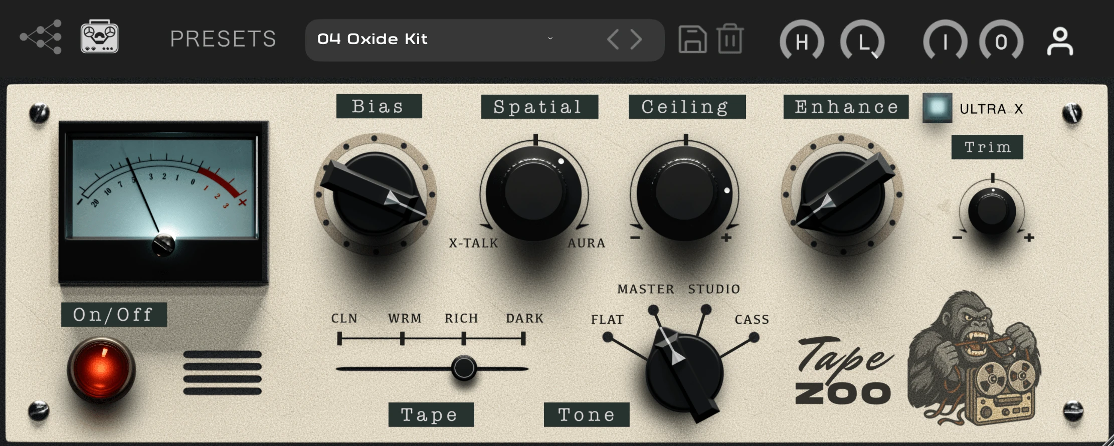 TapeZoo plugin interface — cream vintage faceplate with VU meter, Bias, Spatial, Ceiling and Enhance controls