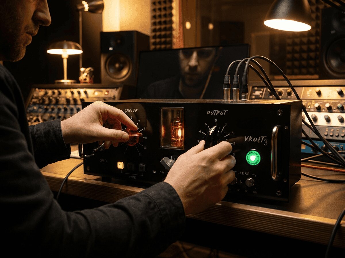 Producer adjusting hardware at a warm studio desk